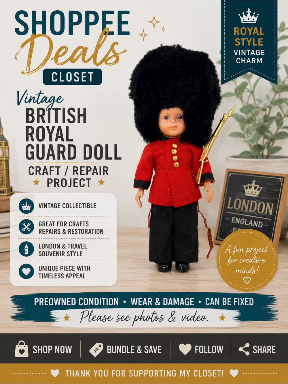 Vintage British Royal Guard Doll 7” Bearskin Hat Craft Repair Project